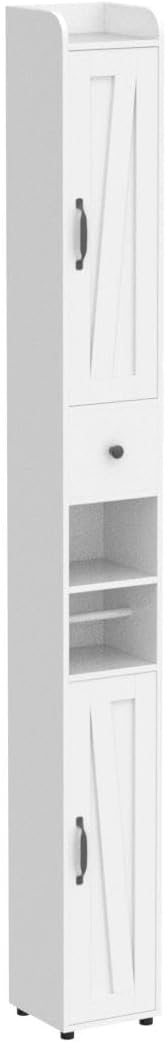 Maupvit Bathroom Cabinet with Adjustable Shelf, Storage Cabinet for Small Space, Tall Bathroom Storage Cabinet with Retractable Toilet Paper Rod, Narrow Cabinet with 2 Doors, 8 Compartments (White)