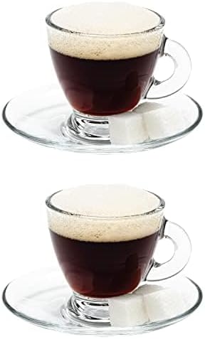 Vikko Espresso Cups, 3.25 Ounce Small Coffee Mugs with Saucer, Set of 2 Clear Glass Coffee Mug, Durable Dishwasher Safe Glass Cups for Coffee or Tea