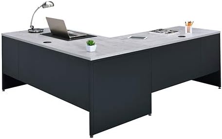 NBF Carbon L-Shaped Reversible Executive Office Work Desk - Durable Laminate Computer Desk with 4 Drawers Pedestal - Modern Desk with Storage and File Cabinet - (66" W x 78" D, Black, Gray, Maple)