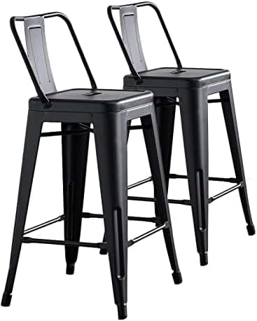 AC Pacific 24” Metal Barstool Set of 2 – Country Rustic Style with Low Back, Lightweight & Sturdy Build, Easy Assembly – Black Matte