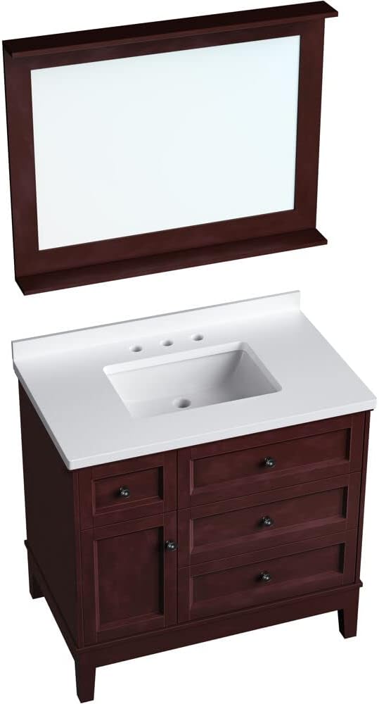 Hanover 36 Set Includes w, Brown Bedford 36'' Vanity Sink Combo for Bathroom, Powder Room | Pre-Assembled 1 Door, 3 Drawers | Accent Mirror | Artificial Stone Countertop, Cabinet, 36 inches