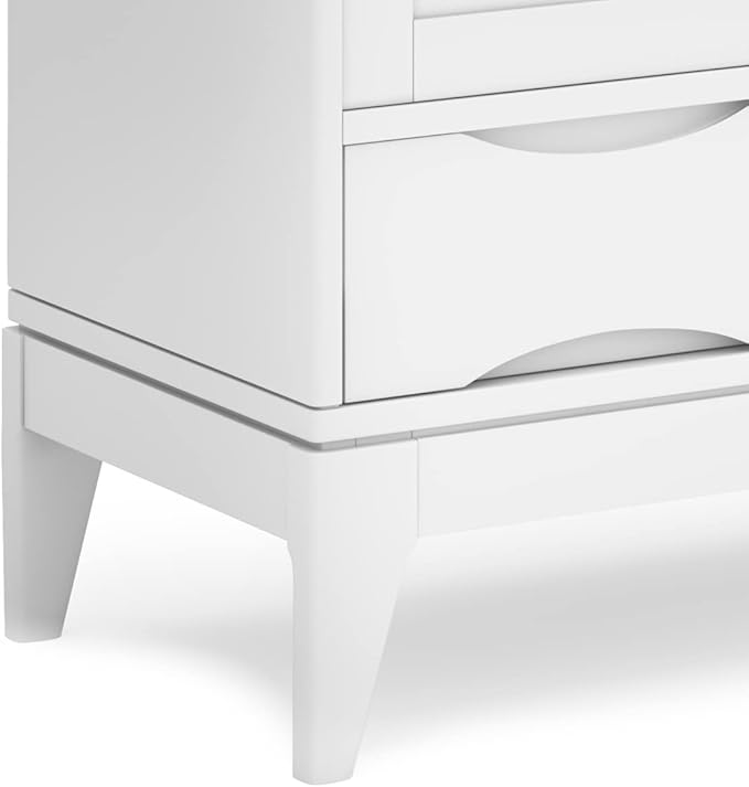SIMPLIHOME Harper Medium Storage Cabinet - 48 inch Wide Solid Hardwood Sliding Door Cabinet in White, Mid-Century Modern Cupboard for Living Room or Entryway with 3 Drawers and Tapered Legs