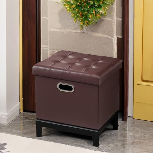 Storage Ottoman Foot Rest Stool, Small Leather Storage Ottomans Bench, Folding Foot Stool with Handles Lid, Foot Rest Under Desk for Living Room Bedroom, 17x13x13 in, Brown