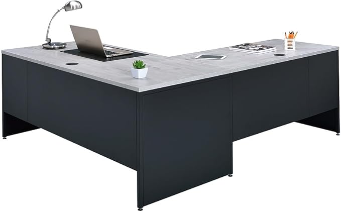 NBF Carbon L-Shaped Reversible Executive Office Work Desk - Durable Laminate Computer Desk with 4 Drawers Pedestal - Modern Desk with Storage and File Cabinet - (66" W x 78" D, Black, Gray, Maple)