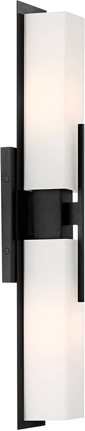 Possini Euro Design Midtown Mid-Century Modern Wall Mounted Light Black Metal Hardwired 23 1/2" Wide Light Bar Fixture White Opal Glass Shades for Bathroom Vanity Mirror House Home Room Decor