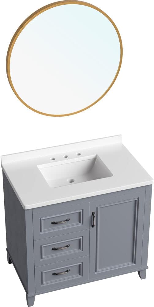 Hanover Ambridge 36'' Vanity Cabinet with Sink Combo for Bathroom, Powder Room | Pre-Assembled Cabinet | 1 Door, 3 Drawers | Artificial Stone Countertop, Gray Cabinet