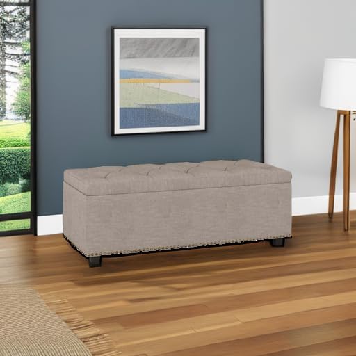 SIMPLIHOME Hamilton 44 inch Wide Traditional Rectangle Lift Top Rectangular Storage Ottoman in Natural Linen Look Fabric, Assembled, For the Living Room, Entryway and Family Room