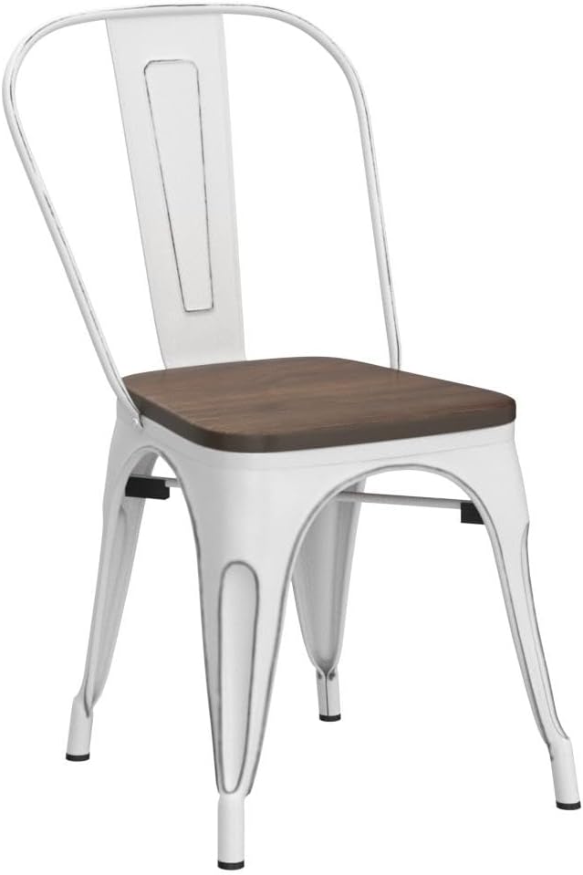 Yaheetech 18 Inch Classic Iron Metal Dining Chair with Wood Top/Seat Indoor-Outdoor Use Chic Bistro Cafe Side Barstool Bar Chair Distressed White, Set of 4
