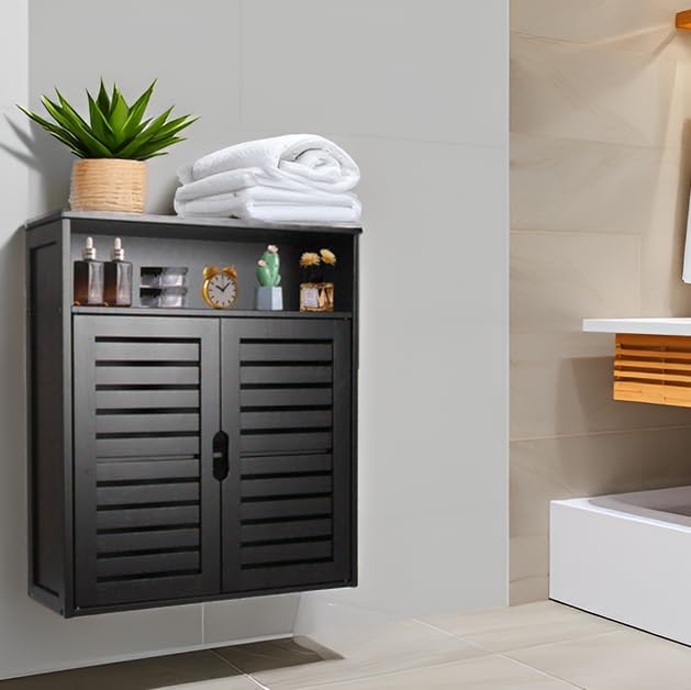 HYNAWIN Wall-Mounted Black Bathroom Cabinet with Double Doors, Bamboo Storage Shelf Organizer for Kitchen, Living Room, or Bathroom