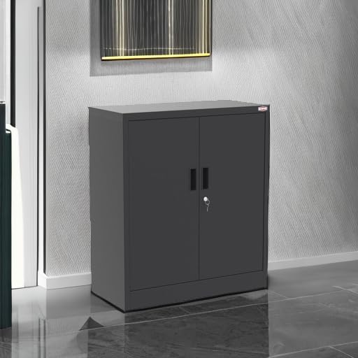BESFUR Metal Storage Cabinet 36" H, Black Metal Cabinet with 2 Lockable Doors and 2 Adjustable Shelves, Garage Storage Cabinet for Home Office, Garage, School, Apartment, Warehouse