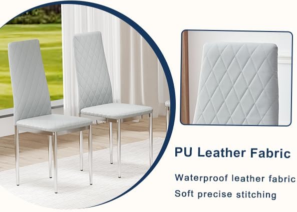 JT Modern Minimalist Dining Chair Fireproof Leather Sprayed Metal Pipe Diamond Grid Pattern Restaurant Home Conference Chair Set of 4 Or 6 (8, Grey)
