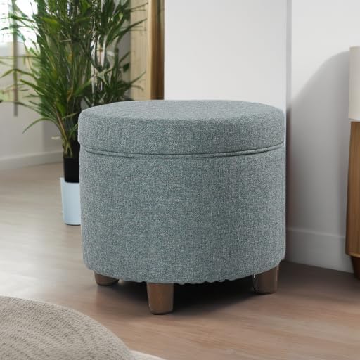 Homepop Home Decor | Upholstered Round Storage Ottoman | Ottoman with Storage for Living Room & Bedroom, Teal Tweed Large