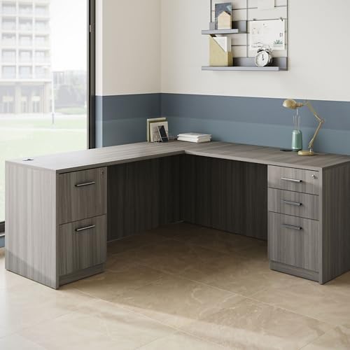 nbf signature series Modern Reversible L Shape Office Desk with Drawers - Ergonomic Computer Desk with Filing Cabinet Drawers - Ideal Executive Furniture - 71" W, Warm Ash Laminate