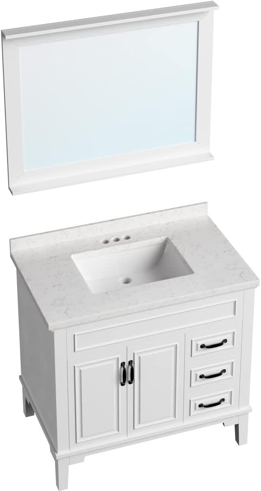 Hanover 36 Set Includes w, White Lanesboro 36'' Vanity Sink Combo for Bathroom, Powder Room | Pre-Assembled 2 Doors, 3 Drawers | Accent Mirror | Artificial Stone Countertop, Cabinet, 36 inches