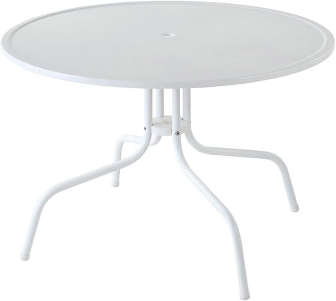 Crosley Furniture Griffith Retro Metal Round Outdoor Dining Table with Umbrella Hole for Outside Patio, Alabaster White
