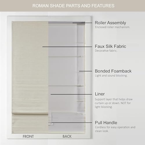 Madison Park Cordless Roman Shades Faux Silk Shade with Sheen 1-Panel Privacy, Room Darkening, Energy Efficient, Thermal Insulated Window Blind for Bedroom, Living Room Décor, 27"W x 64"H Como, Ivory