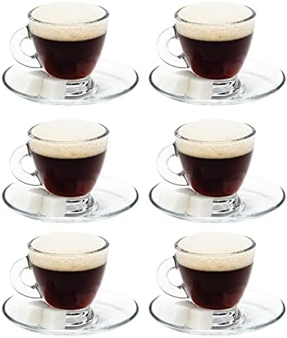Vikko Espresso Cups, 3.25 Ounce Small Coffee Mugs with Saucer, Set of 6 Clear Glass Coffee Mug, Durable Dishwasher Safe Glass Cups for Coffee or Tea