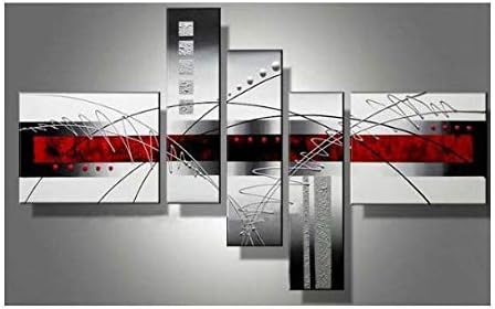 Wieco Art Stretched and Framed 100% Hand-Painted Modern Canvas Wall Art Decor Perfect White Lines Home Decoration Abstract Oil Paintings on Canvas 5pcs/Set