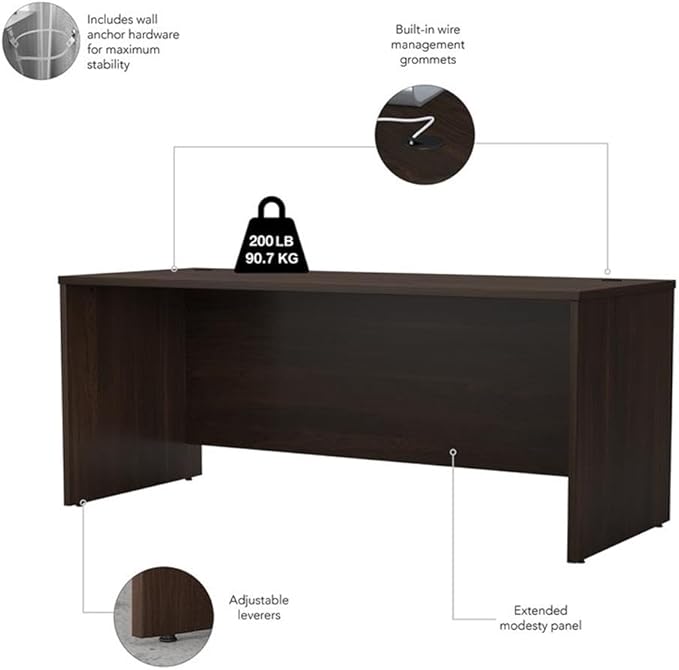 Pemberly Row Engineered Wood 72W x 30D Desk w/Hutch & Drawers in Black Walnut