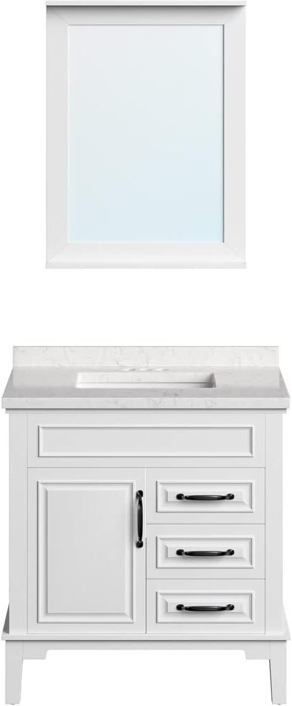 Hanover 31 Set Includes w, White Lanesboro 31'' Vanity Sink Combo for Bathroom, Powder Room | Pre-Assembled 1 Door, 3 Drawers | Accent Mirror | Artificial Stone Countertop, Cabinet, 31 inches