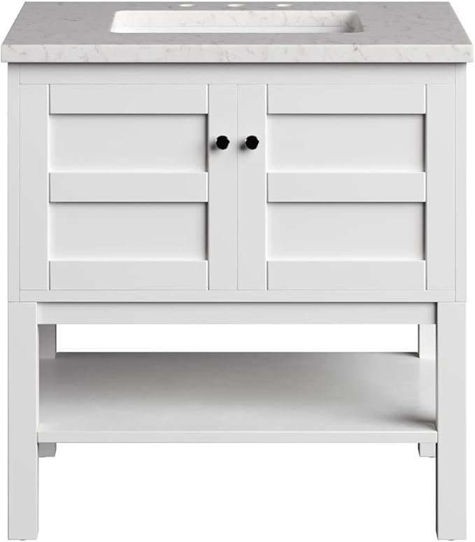 Hanover Manorville 31'' Vanity Cabinet with Sink Combo for Bathroom, Powder Room | Pre-Assembled Cabinet | 2 Doors, Bottom Shelf | Artificial Stone Marble Countertop, White Cabinet | HANVN0101-31-1WH