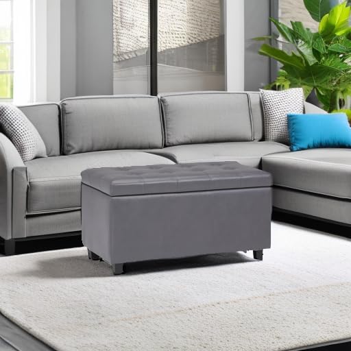 SIMPLIHOME Cosmopolitan Storage Ottoman - 34 inch Wide Upholstered Vegan Leather Rectangle Storage Ottoman Bench in Stone Grey, Transitional Tufted Ottoman for Living Room or Entryway with Lift-Up Lid