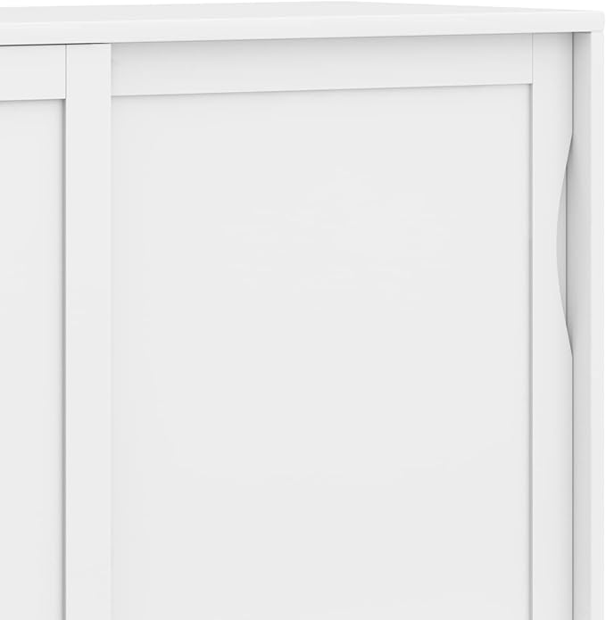 SIMPLIHOME Harper Medium Storage Cabinet - 48 inch Wide Solid Hardwood Sliding Door Cabinet in White, Mid-Century Modern Cupboard for Living Room or Entryway with 3 Drawers and Tapered Legs