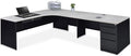 NBF L-Shaped Executive Office Desk - Durable Laminate Computer Desk with Three Drawers - Modern Desk with Storage and File Cabinet (72" Wx 96" D, Gray, Maple)