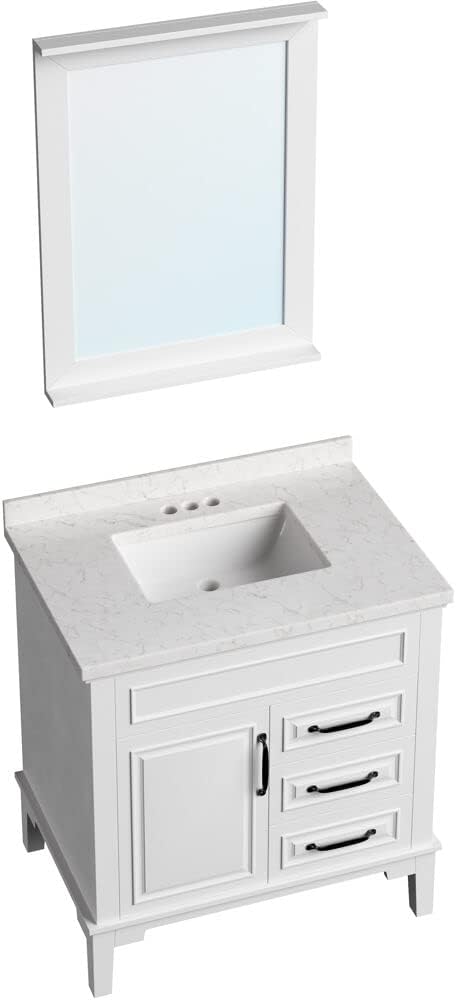 Hanover 31 Set Includes w, White Lanesboro 31'' Vanity Sink Combo for Bathroom, Powder Room | Pre-Assembled 1 Door, 3 Drawers | Accent Mirror | Artificial Stone Countertop, Cabinet, 31 inches