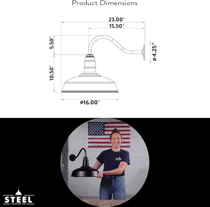 Steel Lighting Co. Gardena Barn Light | Outdoor Wall Mounted | 16" Dome | 16" Gooseneck | Farmhouse Light Made in America | Black Exterior/White Interior