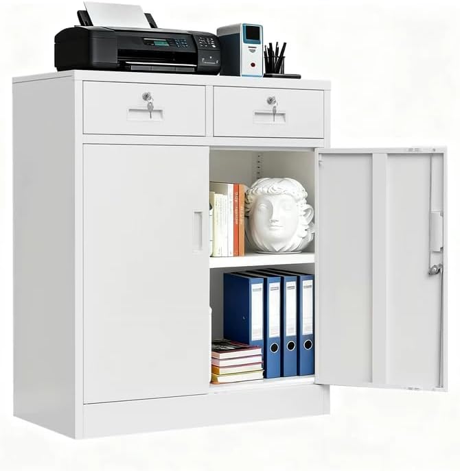 BESFUR Metal Storage Cabinet with 2 Lockable Drawers and 2 Lockable Doors, 36" H White Locking Storage Cabinet with Adjustable Shelf, Metal Cabinet for Home Office, Garage,School, Utility Room
