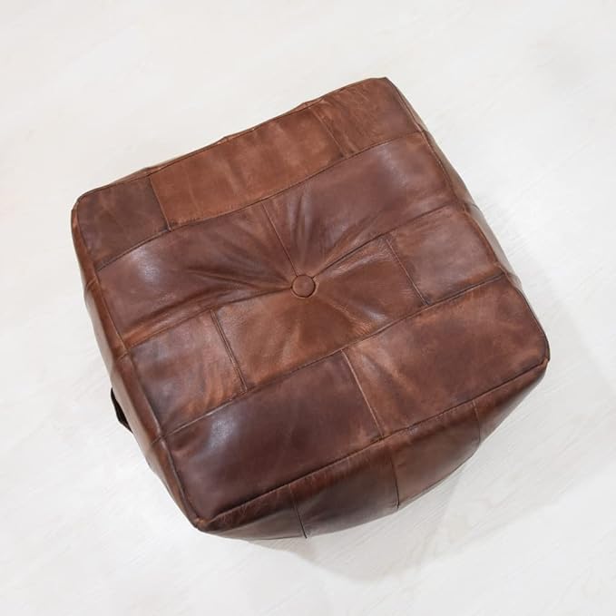 Handmade Eco-Friendly Geometric Leather Pouf Brown Color Square 18" x 18" x 18" Buffalo Leather Pouf for Living Room, Bedroom Seating, Patio