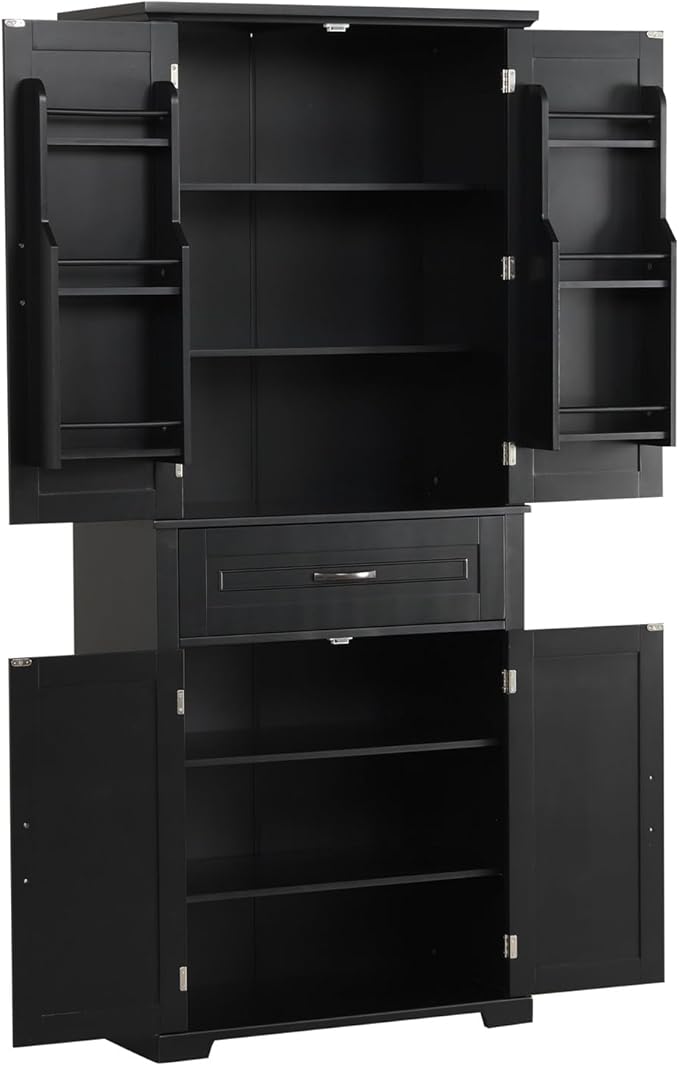 Polibi Bathroom Storage Cabinet with 4 Doors, 3-Tier Door Racks, Storage Drawer, 72" Free-Standing Tall Linen Cabinet for Bathroom, Living Room, Apartment, Black