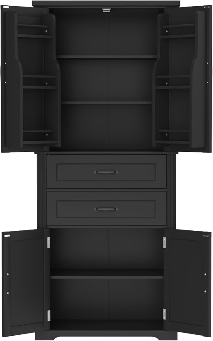 Tall Storage Cabinet, Bathroom Floor Freestanding Storage Cabinet with 2 Doors, Adjustable Shelf, and 2 Drawers for Bathroom, Office, Living Room, MDF Board, Black