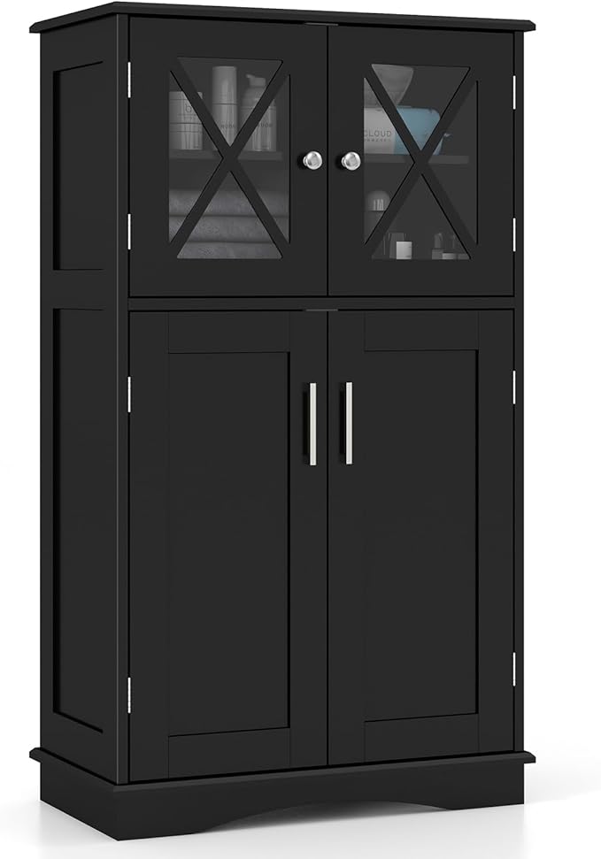 Giantex Bathroom Floor Storage Cabinet - Linen Floor Cabinet with Doors and Adjustable Shelves, Freestanding Side Storage Organizer for Bathroom, Living Room, Entryway, Kitchen Storage Unit (Black)
