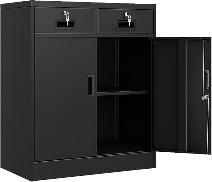 BESFUR Locking Cabinet with 2 Drawers and Lockable Doors, 36" H Black Metal Storage Cabinet with Adjustable Shelf for Home Office, Garage,School, Apartment, Warehouse