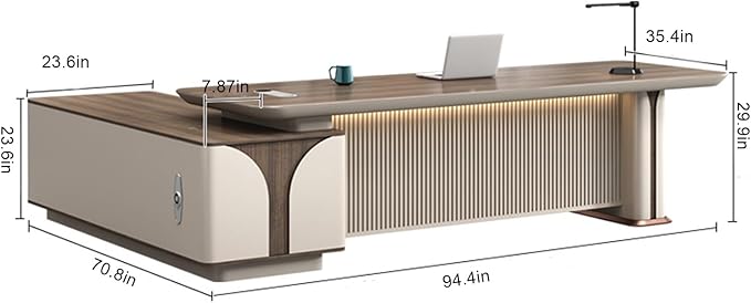 94IN L Shaped Executive Desk - Executive Office Desk with Side Cabinet & Grille Front Baffle & Embedded LED Strip & Mechanical Password Lock & Double-Layer Countertop & Gold Foot Pad