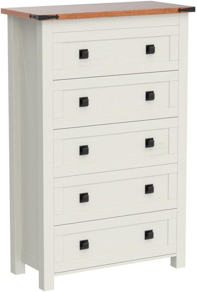T4TREAM Farmhouse 5 Drawers Dresser Chests for Bedroom, Wood Rustic Tall Chest of Drawers, Dressers Organizer for Bedroom, Living Room, Hallway, Antique White