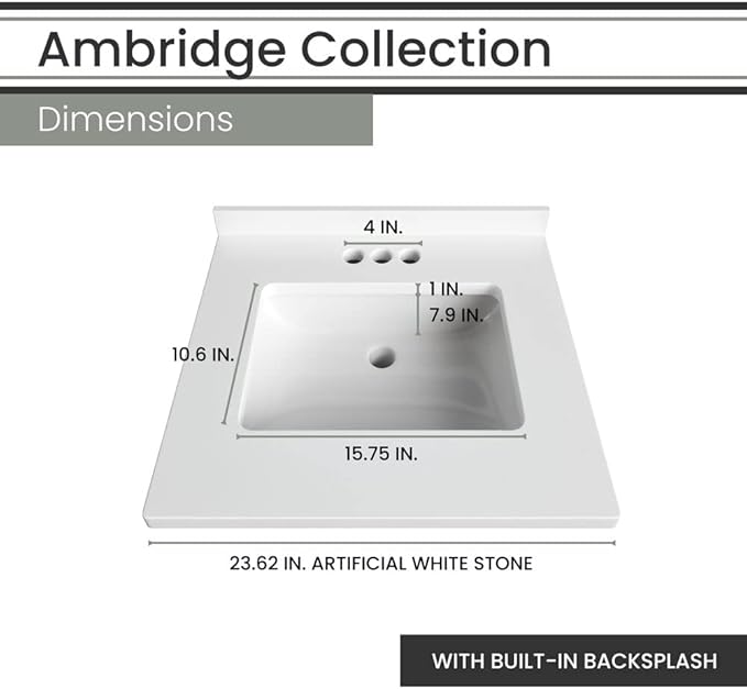 Hanover Ambridge 24'' Vanity Cabinet with Sink Combo for Bathroom, Powder Room, Pre-Assembled Cabinet, 2 Drawers, Accent Mirror, Artificial Stone Countertop, Gray Cabinet