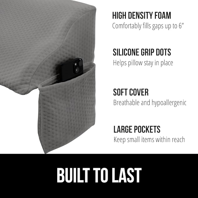 GORILLA GRIP Patent Pending Bed Wedge Pillow Headboard Gap Filler, US Designed, Comfortable Supportive High Density Foam Pillows, Stay in Place Gripping Dots, Wedges Between Mattress, Full Size Gray
