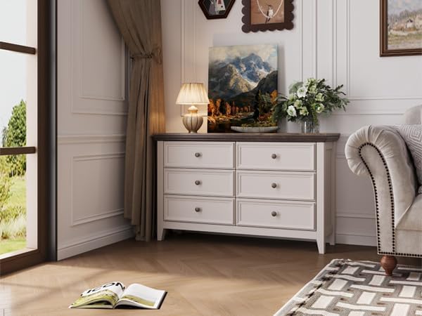 Dresser for Bedroom 6 Drawers Dresser - 47.2" Wide 6 Chest of Drawers Storage Double Cabinet as Bedfoot Organizer & Wardrobe Cabinet（Antique White & Brown）