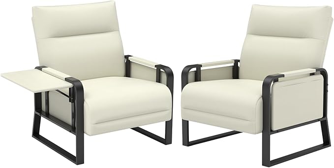 Faux Leather Accent Chairs Set of 2 with Flip Up Tray Tables Soft Backrest for Living Room Office Bedroom Modern Accent Chairs, Beige