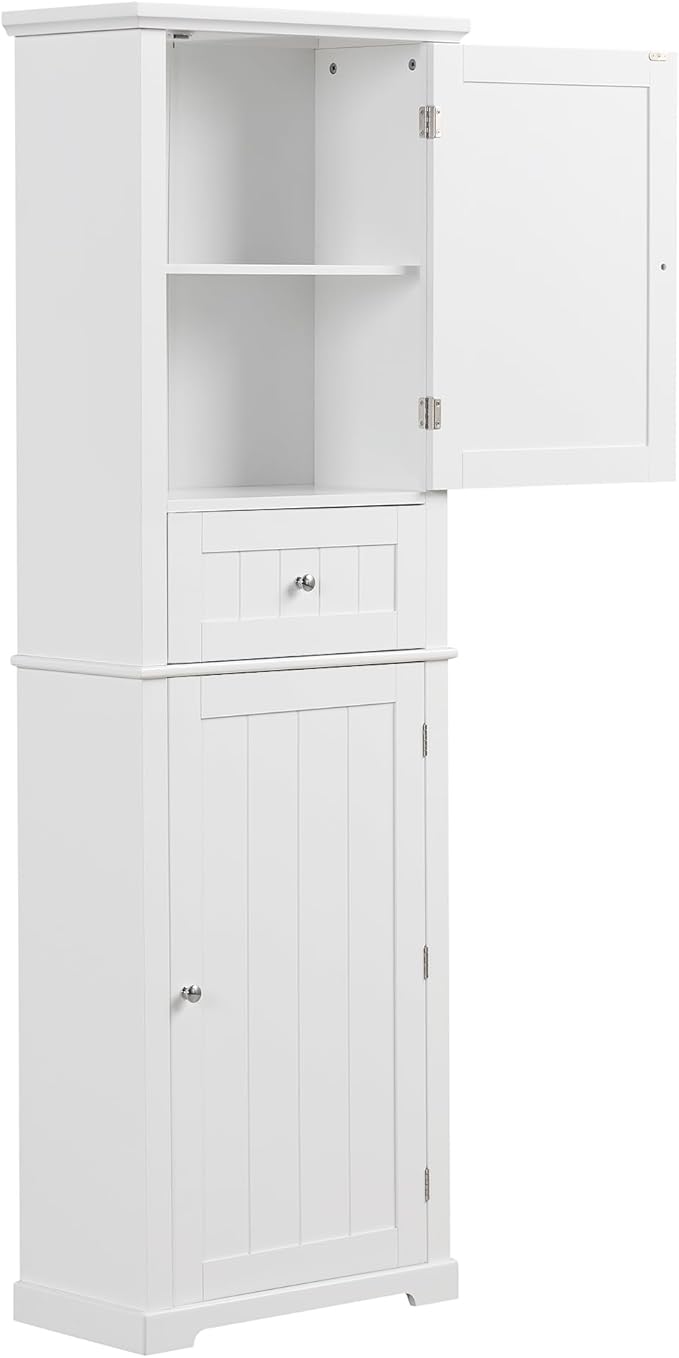Tall Storage Cabinet, Bathroom Floor Freestanding Storage Cabinet with 2 Doors, One Drawer, and Adjustable Shelf for Bathroom, Office, Living Room, White