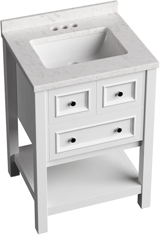 Hanover Tremont 24'' Vanity Cabinet with Sink Combo for Bathroom, Powder Room | Pre-Assembled Cabinet | 1 Drawer, Bottom Shelf | Artificial Stone Countertop | White Cabinet | HANVN0107-24-1WH