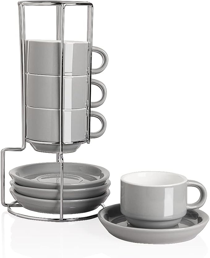 Sweejar Porcelain Espresso Cups with Saucers, 4 Ounce Stackable Cappuccino Cups with Metal Stand for Coffee Drinks, Latte, Tea - Set of 4 (Gray)