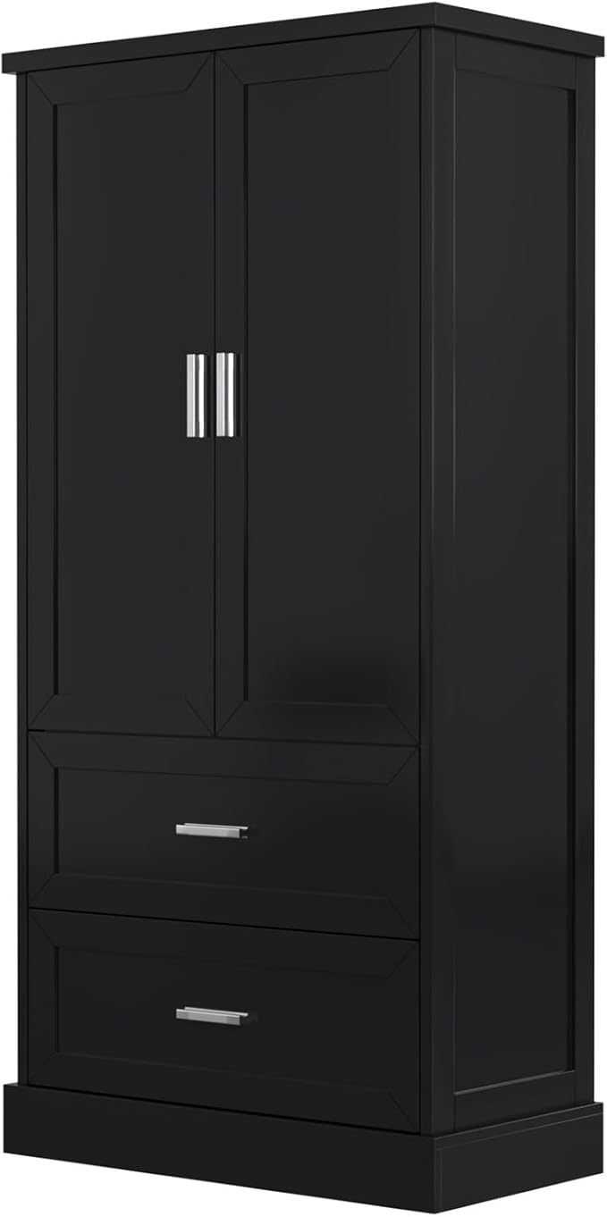 Polibi Tall Storage Cabinet with 2 Doors, 2 Drawers, 4-Tier Storage Racks of Each Door, Adjustable Shelf, Floor Free-Standing Cabinet for Bathroom, Living Room, MDF Board, Black