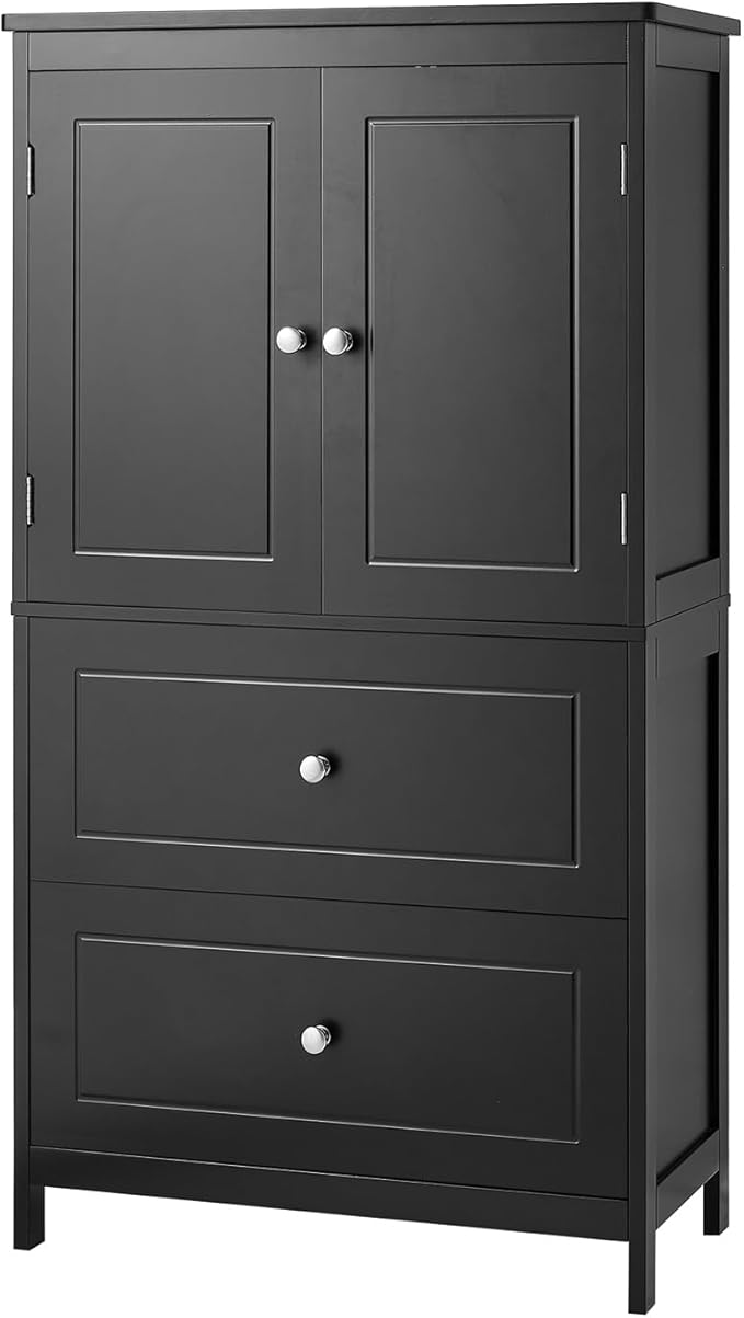 Polibi 43.3" H Storage Cabinet with 2 Doors, 2 Drawers, Adjustable Shelf, Wooden Linen Cabinet for Bathroom, Office, Kitchen, Black