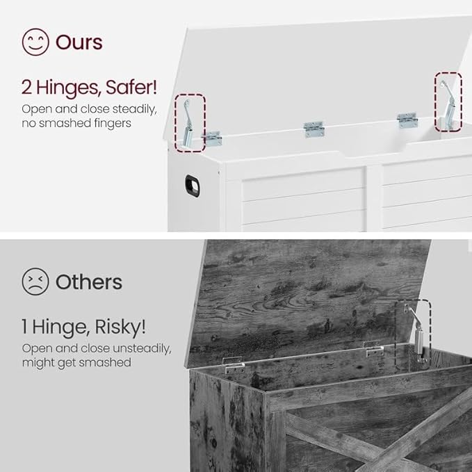 VASAGLE Storage Chest, Storage Bench with 2 Safety Hinges, Farmhouse Style, 15.7 x 39.4 x 18.1 Inches, for Entryway, Bedroom, Living Room, Cloud White ULSB061T10