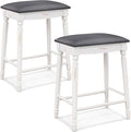COSTWAY Upholstered Bar Stools Set of 2, 24-Inch Backless Counter Height Dining Stools with Delicate Wood Carving, Footrest, Solid Rubber Wood Frame, Farmhouse BarStools for Kitchen Island Bar, White