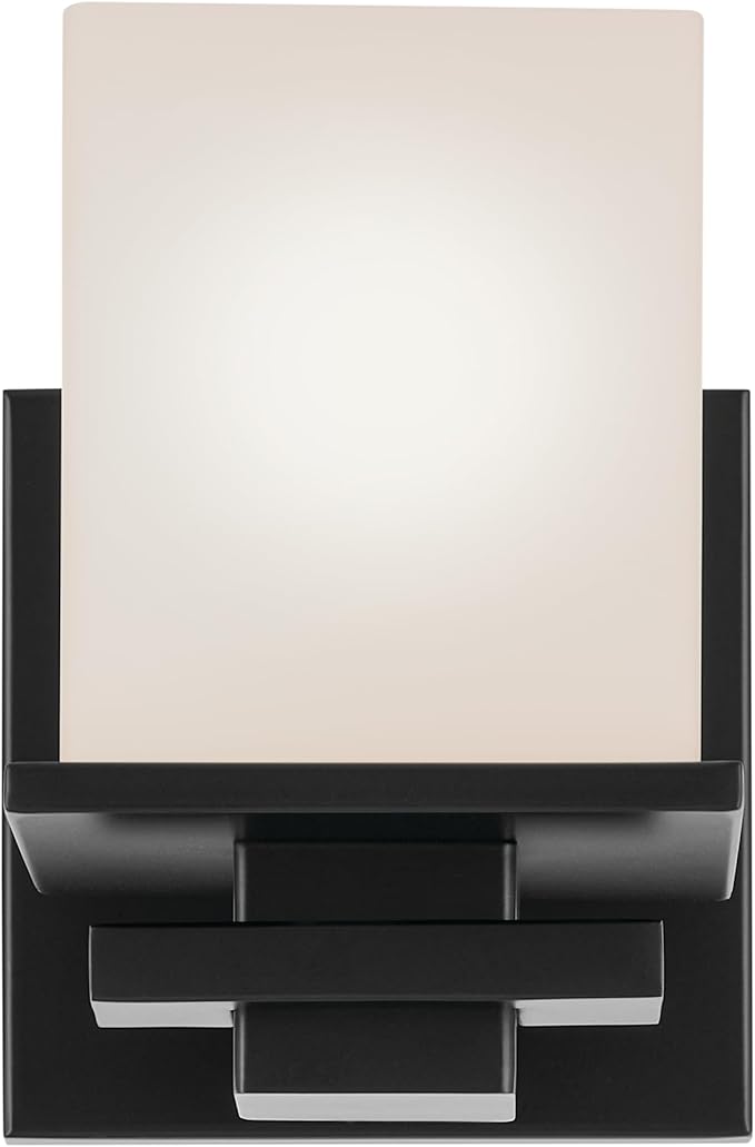 KICHLER Tully 6.5" 1-Light Wall Sconce with Satin Etched Cased Opal Glass in Black for Vanity, Living Room, Dining Room, Bedroom, Laundry Room, Mudroom, Hallway, Stairwell (6.5 x 5 x 7), 45149BK